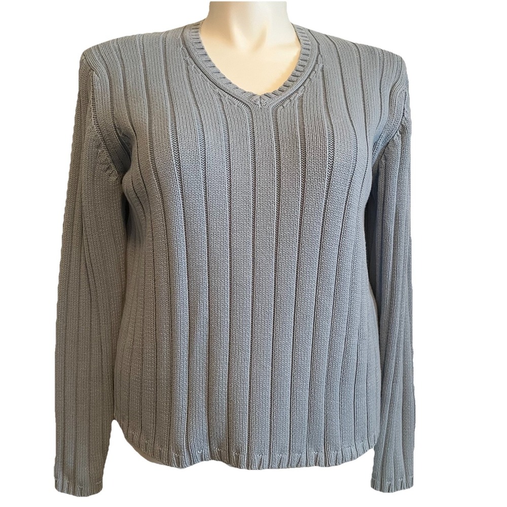 VTG Eddie Bauer Ribbed Cotton Sweater L V-neck Powder Blue Preppy Fisherman